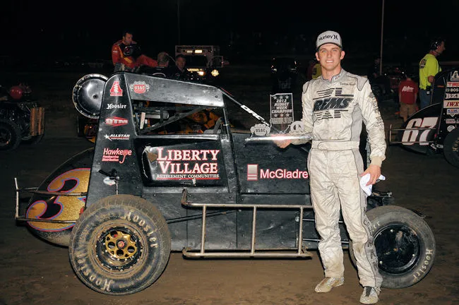 Darren in victory lane with the Liberty Village No. 3 midget.